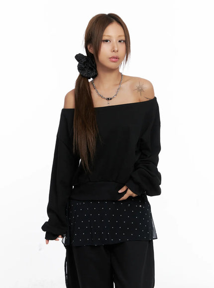 off-shoulder-boat-neck-sweatshirt-cs524 / Black