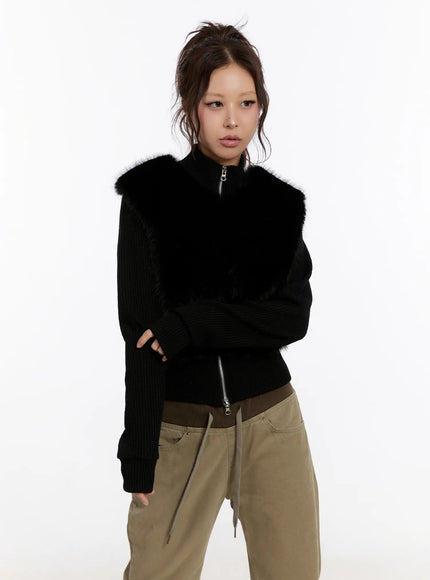 textured-knit-faux-fur-jacket-cn527 / Black