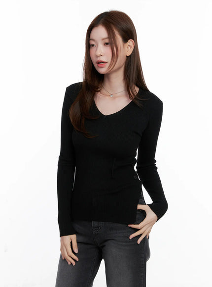 ribbed-v-neck-long-sleeve-knit-top-cg521 / Black