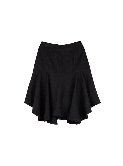 striped-flare-ruffle-midi-skirt-cd423 / Black