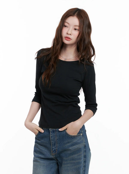 casual-boat-neck-3-4-sleeve-top-cg520 / Black