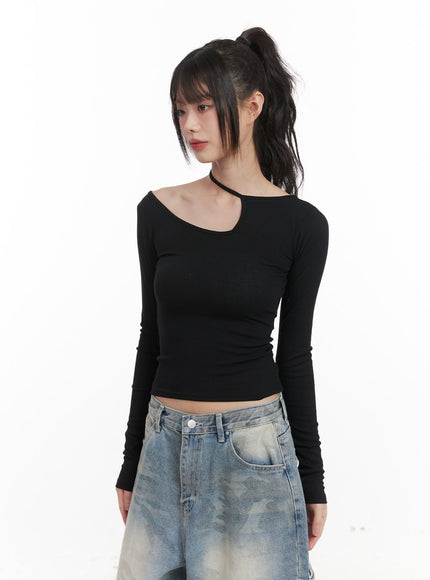 cut-out-slim-fit-long-sleeve-top-cj528 / Black