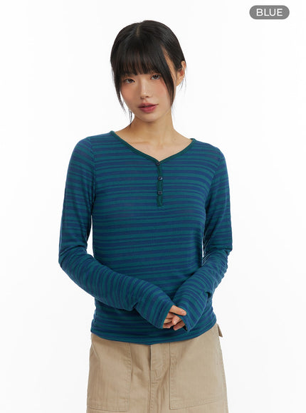 stripe-buttoned-v-neck-long-sleeve-cm413 / Blue