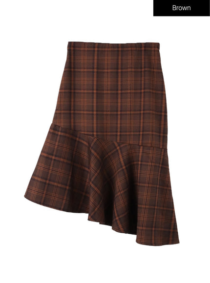 asymmetrical-flare-check-midi-skirt-cf408 / Brown