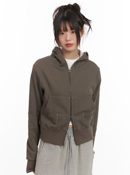 long-sleeve-zip-up-cropped-hoodie-cj506 / Brown