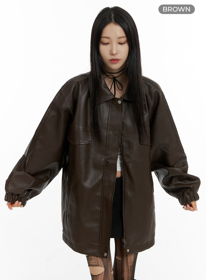 oversized-faux-leather-jacket-cf428 / Brown
