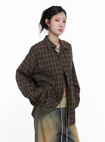 oversized-plaid-button-up-shirt-cs512 / Brown