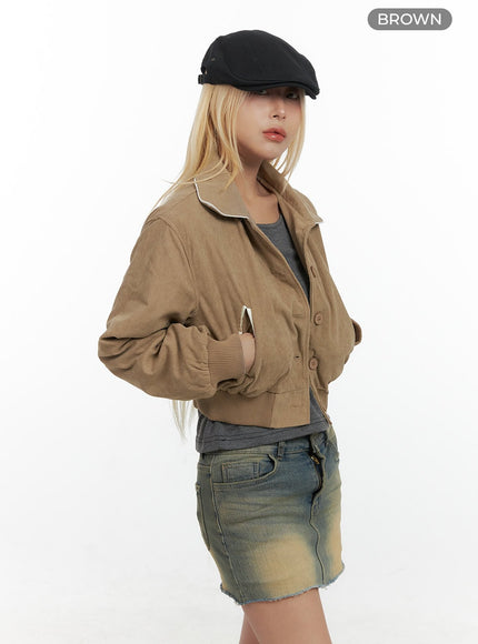 chic-collared-polyester-crop-jacket-cs425 / Brown