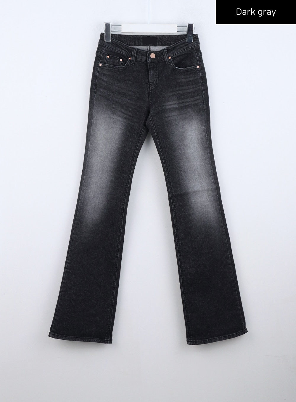 Bootcut Washed Jeans CO325 in dark gray, flat product-only shot on hanger, full-length front view showing bootcut silhouette, washed fade, five-pocket construction with copper rivets.