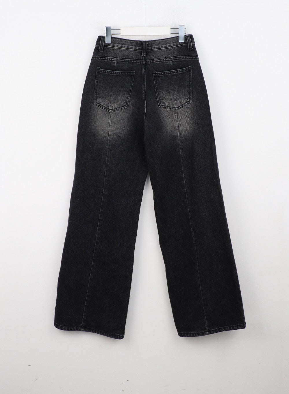 Back Slit Washed Wide Leg Jeans CN306 in Black, flat back hanger shot, rear patch pockets and back slit detail visible, washed black denim, wide leg tall silhouette.