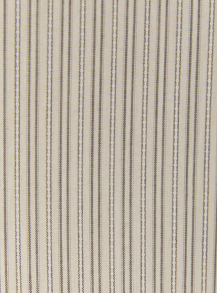 Oversized Short Sleeve Button-Up Shirt CU519 in light beige, macro fabric close-up showing fine multi-line vertical stripe woven texture with subtle dotted thread detailing on cream ground.