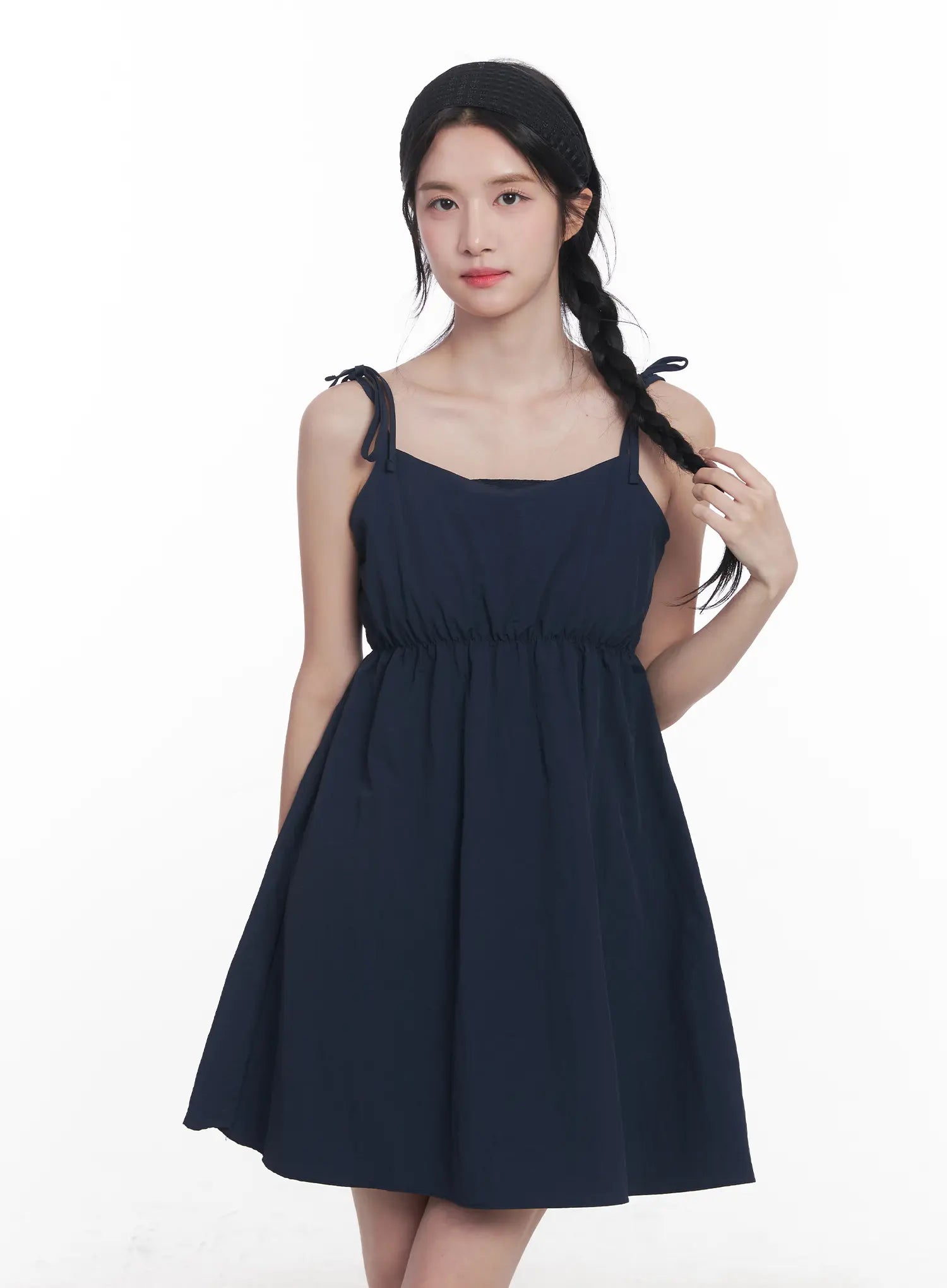 flared-ribbon-tie-mini-dress-cu525 / Dark blue