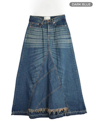 destroyed-hem-maxi-denim-skirt-cm413 / Dark blue