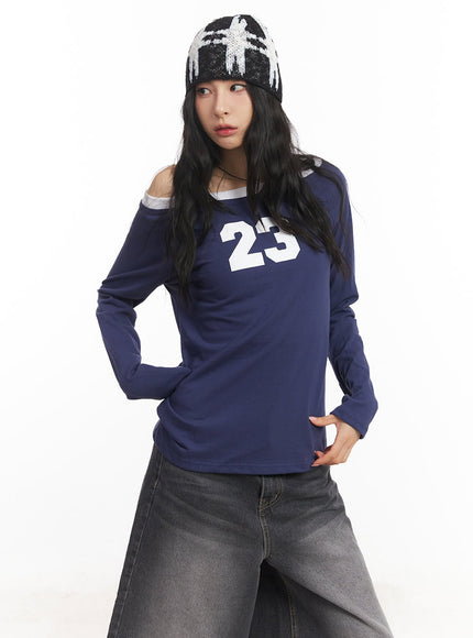 23-graphic-off-shoulder-long-sleeve-top-ca504 / Dark blue