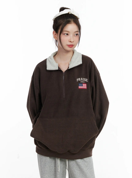 oversized-quarter-zip-fleece-pullover-cn518 / Dark brown