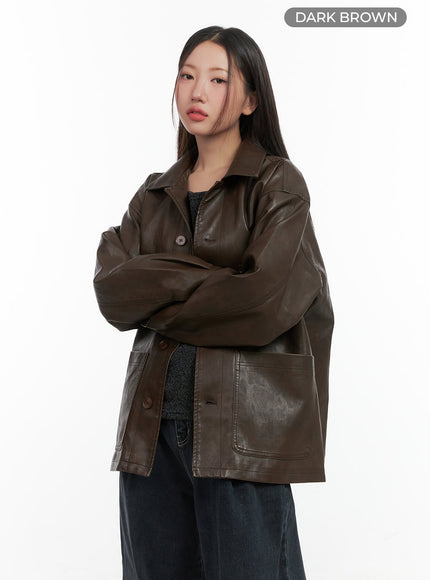 buttoned-faux-leather-jacket-co417 / Dark brown