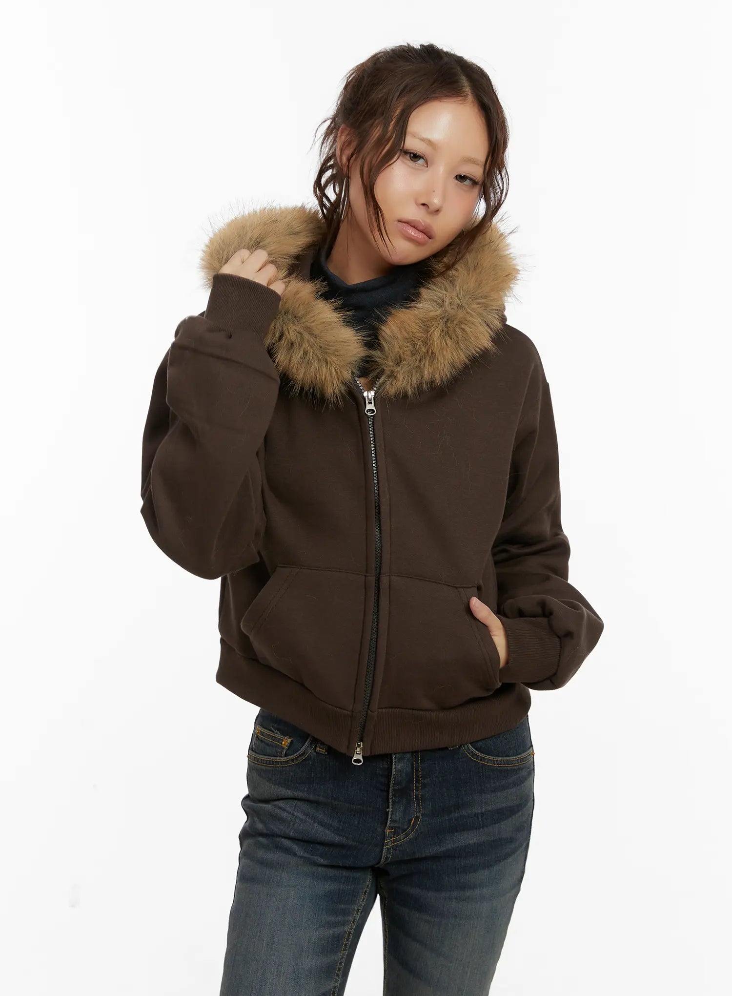 faux-fur-graphic-fleece-zip-up-hoodie-cd515 / Dark brown