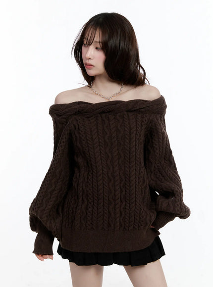cable-knit-off-shoulder-sweater-cn525 / Dark brown
