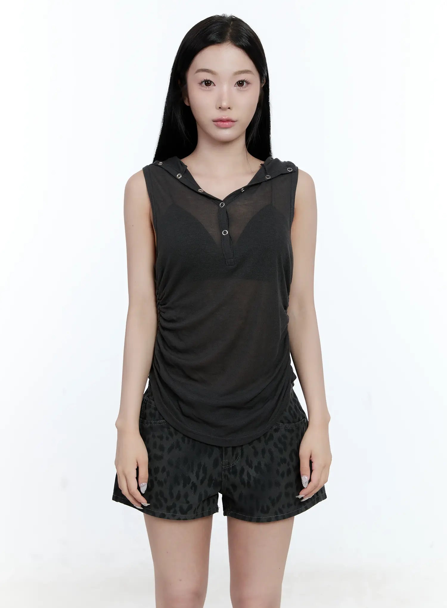 sheer-hooded-sleeveless-top-cg501 / Dark gray
