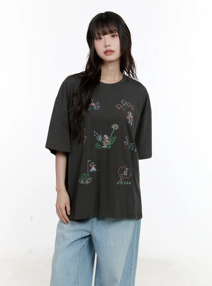 whimsical-embroidered-oversized-t-shirt-cl507 / Dark gray