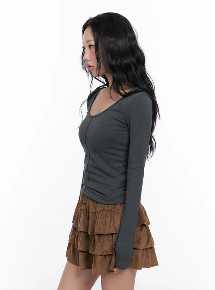 u-neck-cutout-long-sleeve-crop-top-cn514 / Dark gray