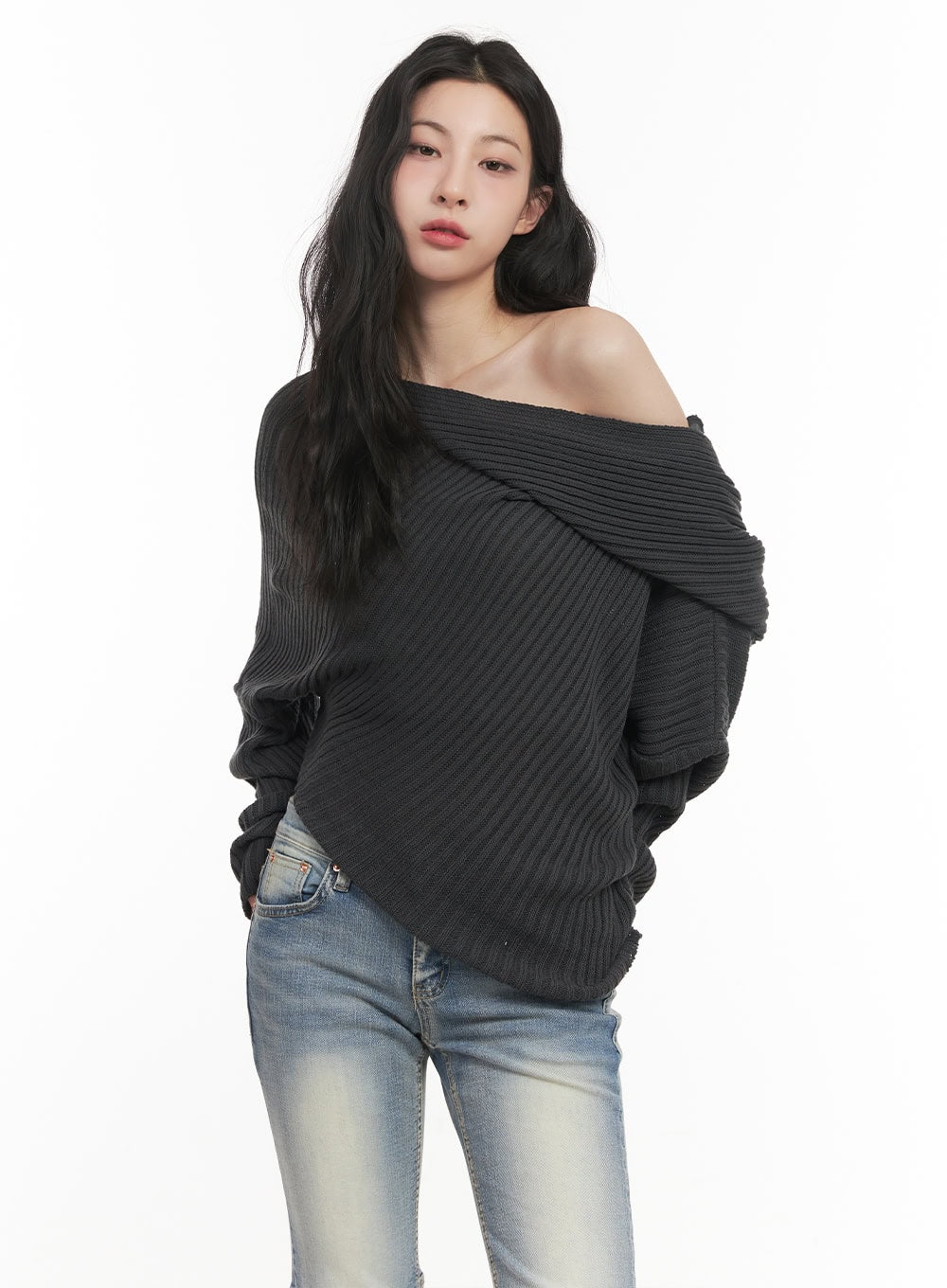 ribbed-off-shoulder-hooded-sweater-cf513 / Dark gray