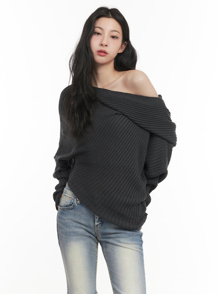 ribbed-off-shoulder-hooded-sweater-cf513 / Dark gray