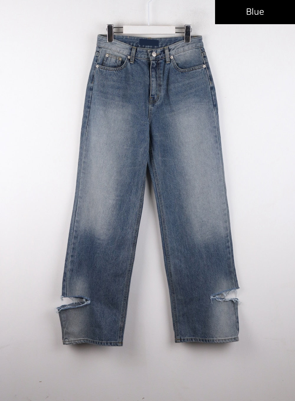 Ripped Straight Leg Jeans CD308 in blue, flat front hanger shot, washed cotton denim with wide-leg silhouette, faded whisker detailing, and ripped destroyed hem at both legs.