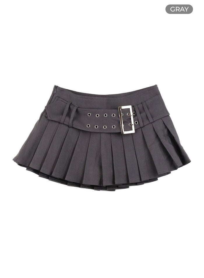 belted-pleated-mini-skirt-cy408 / Gray