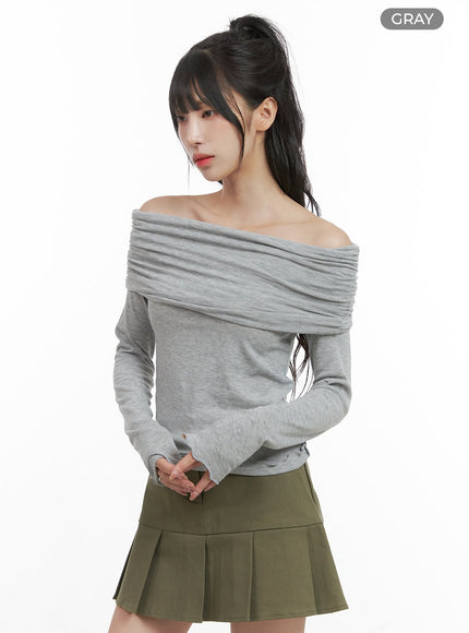 off-shoulder-shirred-long-sleeve-top-cg421 / Gray