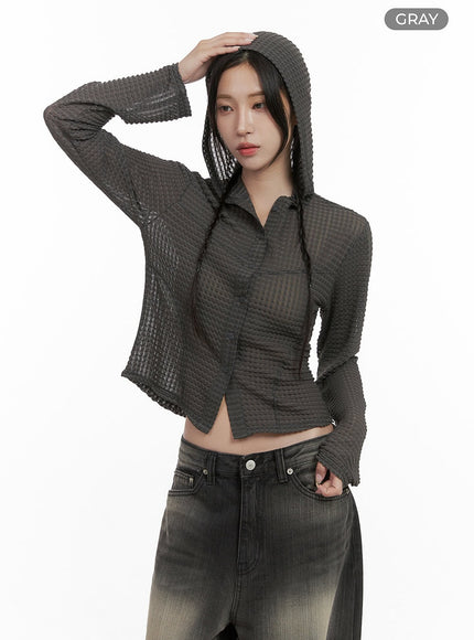 buttoned-hooded-mesh-cardigan-cs430 / Gray