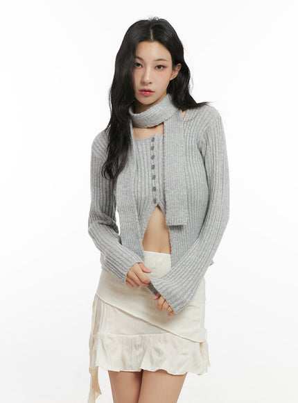 slit-detail-ribbed-knit-sweater-cn413 / Gray