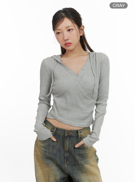 ribbed-hoodie-long-sleeve-top-cs405 / Gray