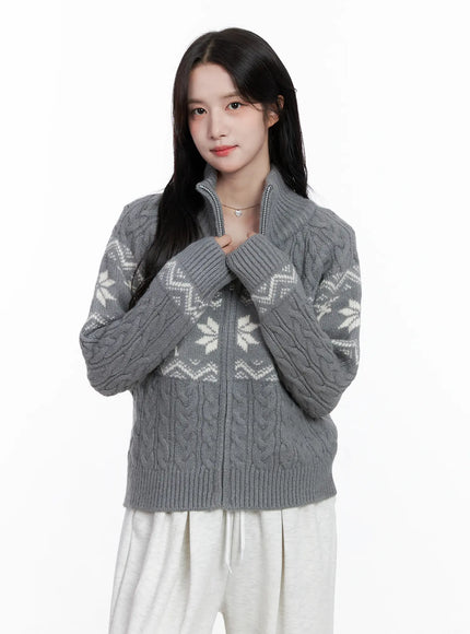 cable-knit-funnel-neck-zip-up-sweater-cs523 / Gray