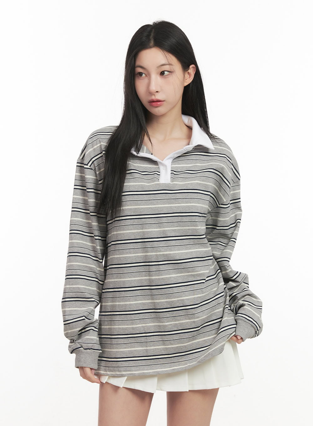 oversized-striped-long-sleeve-polo-shirt-cf514 / Gray
