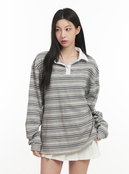 oversized-striped-long-sleeve-polo-shirt-cf514 / Gray