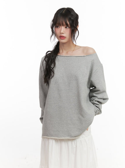 chic-one-shoulder-studded-sweatshirt-cj523 / Gray