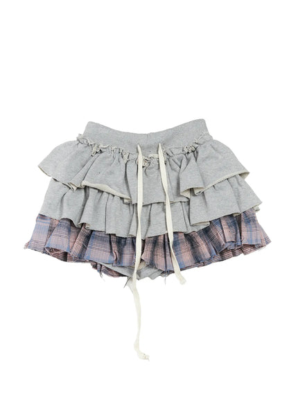checkered-ruffle-mini-skirt-cs524 / Gray