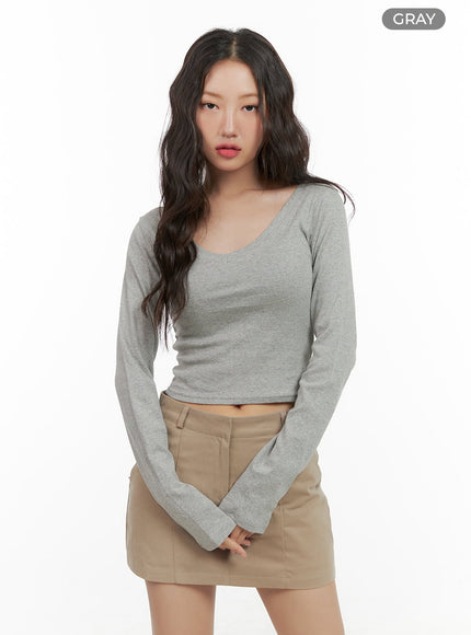 cotton-v-neck-crop-long-sleeve-top-cg422 / Gray