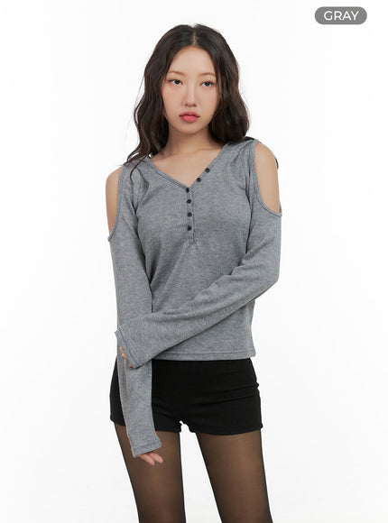 cut-out-shoulder-hooded-long-sleeve-top-cg422 / Gray