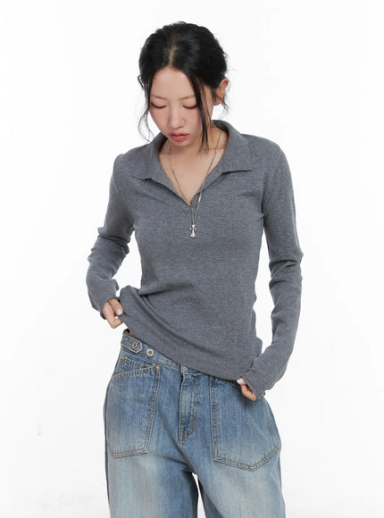 v-neck-collar-long-sleeve-top-cn514 / Gray