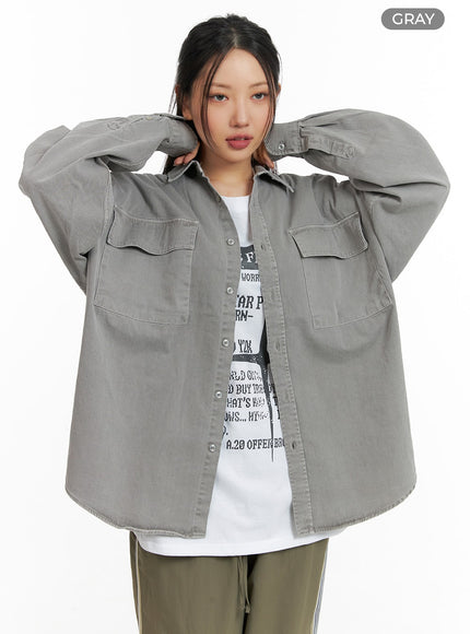 denim-collar-solid-pocket-blouse-cm419 / Gray