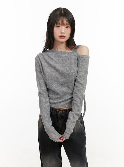 one-shoulder-long-sleeve-bliss-crop-top-cj501 / Gray