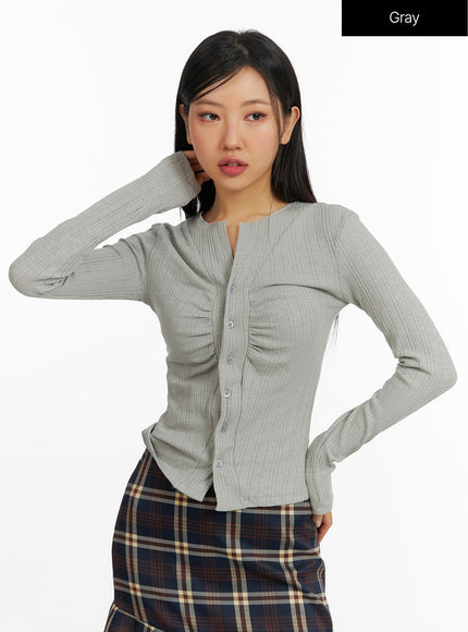 v-neck-shirred-buttoned-top-cf408 / Gray