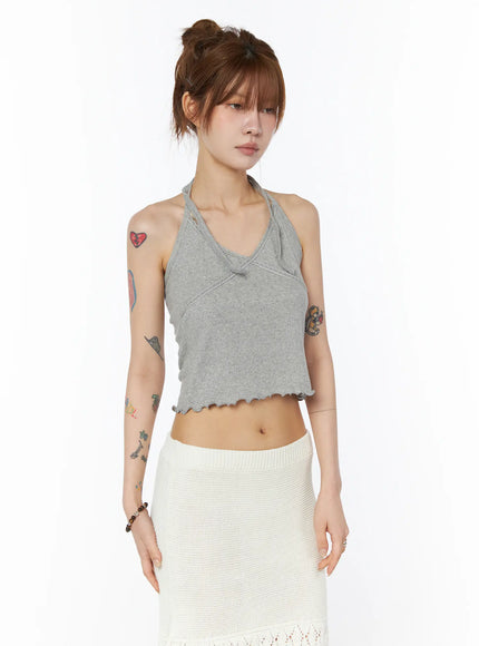 lace-trim-halter-sleeveless-top-cy527 / Gray