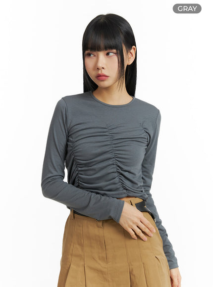 solid-round-neck-ruched-long-sleeve-top-cm407 / Gray