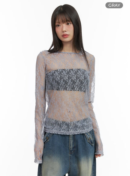 lace-sheer-long-sleeve-top-co410 / Gray