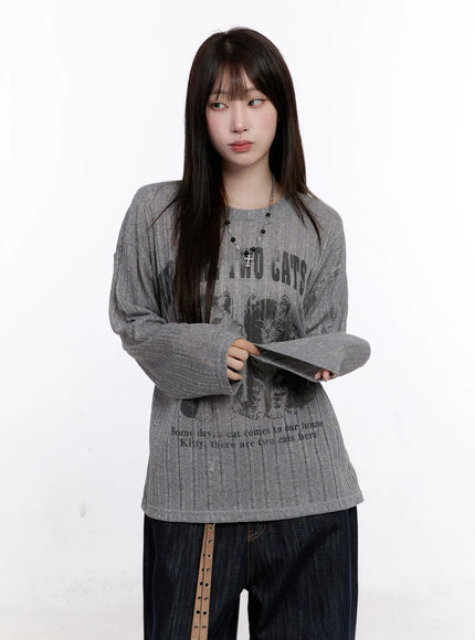 graphic-oversized-sheer-long-sleeve-top-cs530 / Gray