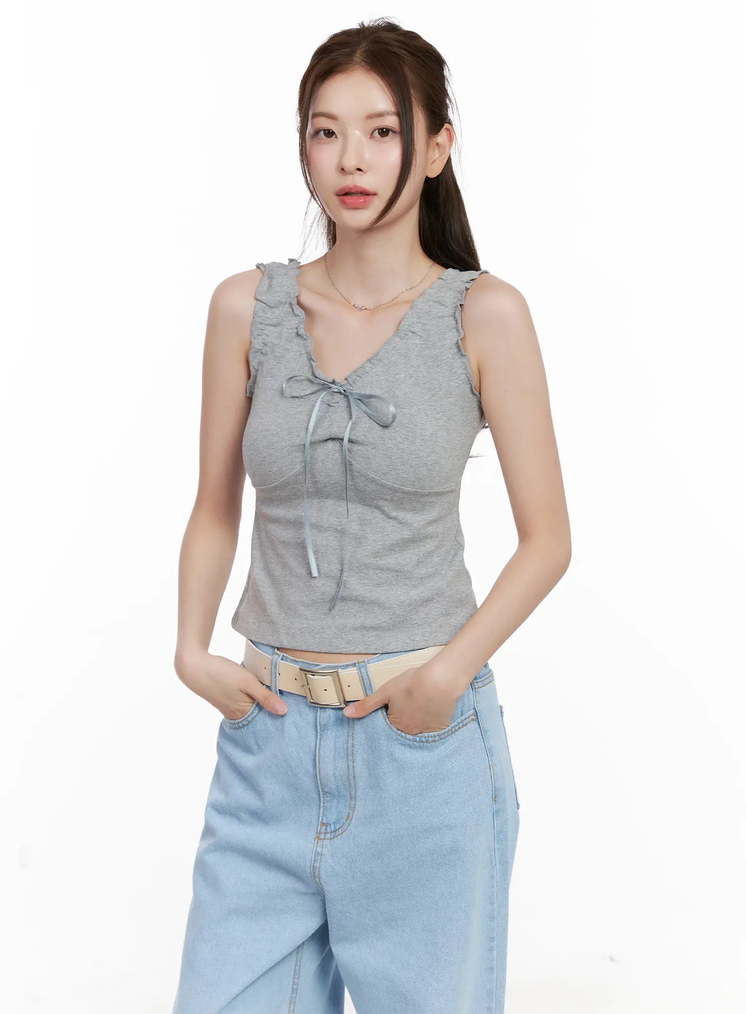 shirred-ribbon-2-way-sleeveless-top-cl523 / Gray
