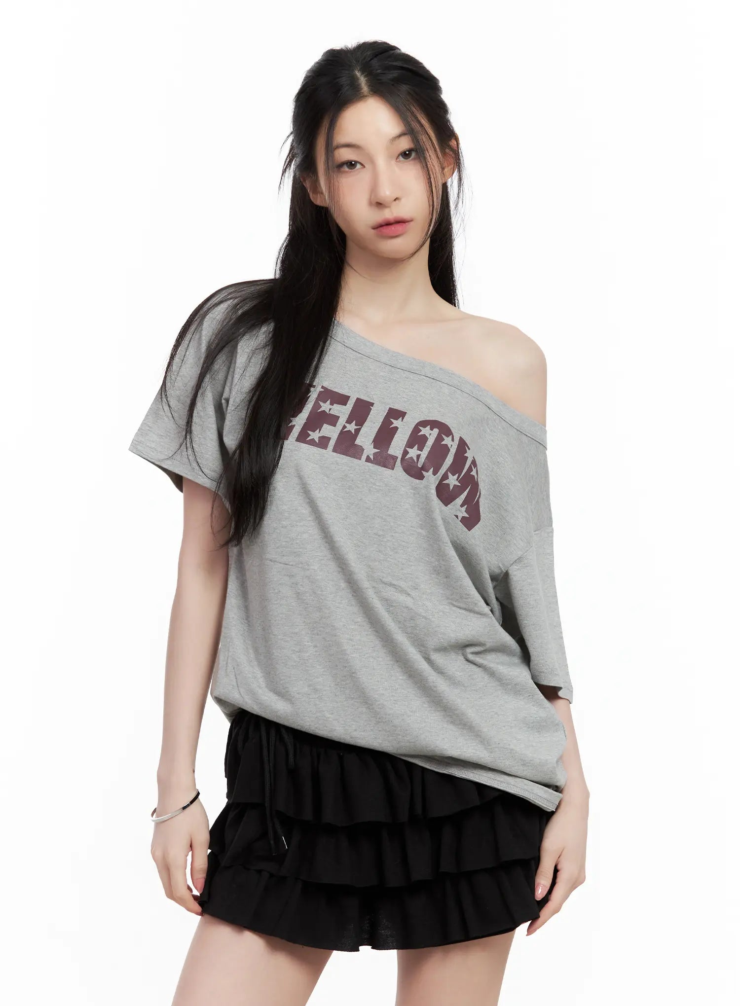 graphic-off-shoulder-oversized-tee-cl501 / Gray